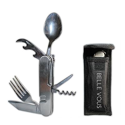 Belle Vous - Outil de coutellerie de camping portable pliant en acier inoxydable 6 en 1 - fourchette détachable, couteau de pique-nique, cuillère, tire-bouchon, ouvre-bouteille et outil de perçage