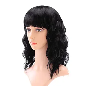Black Wigs with Bangs for Women Synthetic Wavy Short Bob Wig for Girl Natural Looking