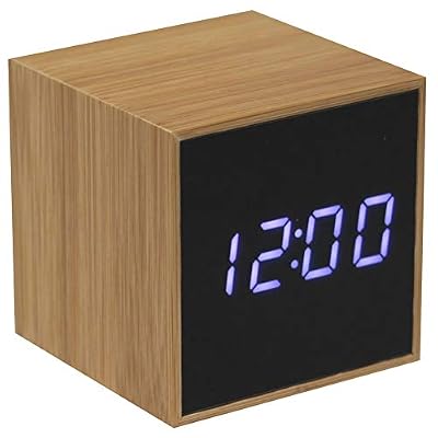 Anytime 39-1H-102 Réveil numérique LED Bambou Beige et noir Affichage LED blanc Petit modèle H6,2 x 6,2 x 6,2 cm