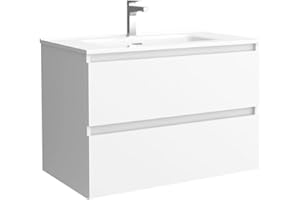 Salgar Mueble de baño Bequia 80 cm 100% montado de fábrica | Acabado Mate suspendido 2 cajones Cierre amortiguado Apertura con uñero | Lavabo Porcelana Blanca | Marca
