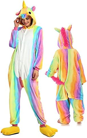 QIYUSHOW Unisex Family Kids Pajamas Plush Onesie Unicorn Cosplay Animal Costume (Kids 130(suggested height - 47"-51"), Rainbow Unicorn)