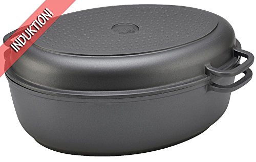Bräter, Gusseisen, Induktion, Topf, Bratentopf, Aluminium, 8,5 Liter, Ofentopf, Alugussbehälter, Schmortopf, Gänsebräter, schwarz