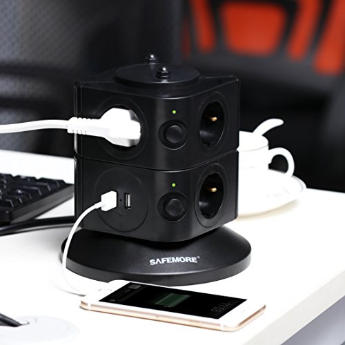 SAFEMORE Schaltbare 7 fach Steckdosenleisten Mehrfachsteckdosen Steckdosenturm mit 2 USB Anschlüsse 2500W/10A Schwarz - 7