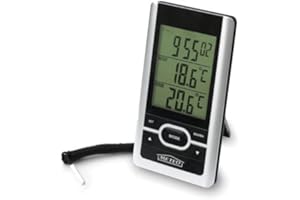 SUDSTY METEO Estación Meteorológica de Casa con Reloj, Termometro, Sensor Externo Inalámbrico SP40 para Pared o Escritorio, Aluminio Cepillado+Negro