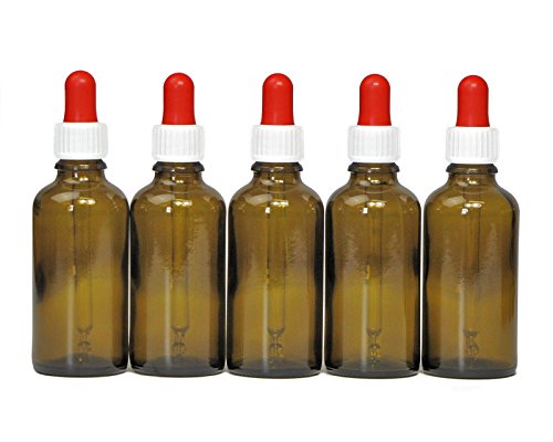 5 x 50 ml Pipettenflaschen (Braunglas) mit Glaspipette, Braunglasflaschen mit Dosierpipette bzw. Tropfpipette zur Dosierung von Flüssigkeiten, z.B. Augentropfen, inkl. 5 Beschriftungsetiketten