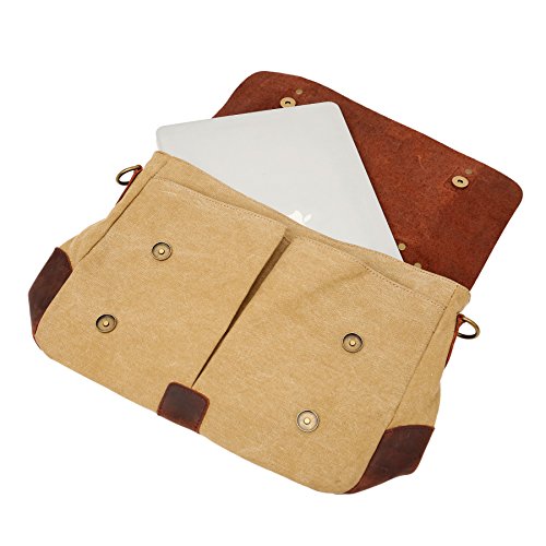 bupell Umhängetasche für Laptop und Akten aus echtem Büffel-Leder und Canvas – Für Notebooks bis 14″ – Unisex Vintage Messenger Bag, Aktentasche, Schultertasche, Notebooktasche – - 9