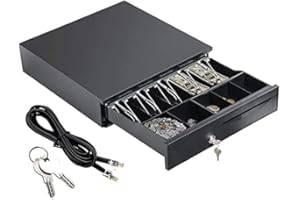 RIGOGO Money Register Cash Drawer with 5 Bills 5 Coins Removable Tray, Cash Till Drawer, Safe Key Lockable Cash Register Drawer, Auto Manual Open, RJ11 Interface POS Receipt Printer Cash Register