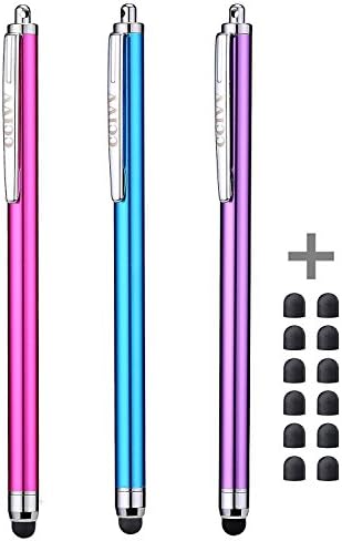 CCIVV Stylus Pen for Touch Screens iPad iPhone with 12 Pcs Replaceable Thin Rubber Tips (Bundle of 3, Pink/Purple/Light Blue)