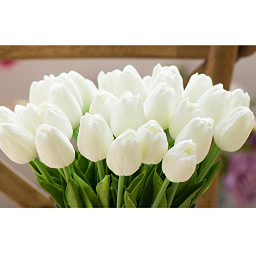 20 Stück JUYUAN-EU Tulpe künstliche Blumen mit Blätter Dekoriere Kunstblumen Latex Real Touch Bridal Wedding Bouquet Home Decor Weiss - 2