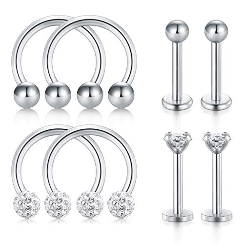 JFORYOU 8pcs 16 Gauge Tragus Helix Piercing Horseshoe Boucle Barre À Lèvres en Acier Inoxydable Labret Piercing Anneau Stud Ring 8mm Argent Set