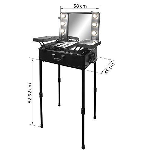 Visagisten-Trolley Kosmetikkoffer Visagistenkoffer Alutrolley Beauty Case Schminktisch + Spiegel + Beleuchtung Los Angeles Schwarz Silber 66x50x26 cm - 2