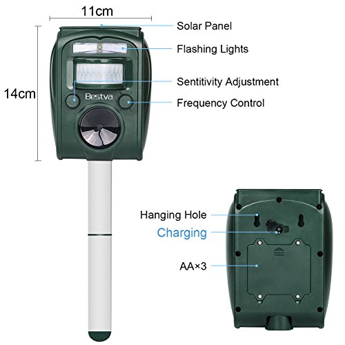 BESTVA Solar Katzenschreck wasserdichte Ultraschall Abwehr mit LED Blinklicht aufladbarer Tiervertreiber Hundeschreck Marderschreck Waschbärvertreiber mit Erdspieß im Garten und in der Garage - 2