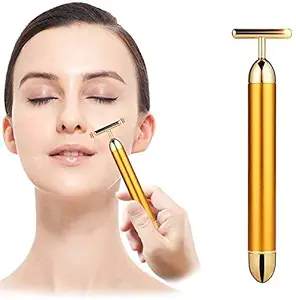 Janravi 1Pc 24K Gold Energy Beauty Bar Electric Facial Massage Roller Waterproof Face Skin Care Antiwrinkle Battery Powered Massager For Forehead Cheek Neck