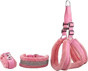 Nylon Fur Dog Harness, Dog Collar & Leash Adjustable Pink