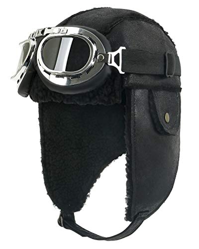 ililily Aviator Hat Winter Snowboard Fur Ear Flaps Trooper Trapper Pilot Goggles, Black