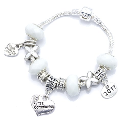 Charm-Armband zur Erstkommunion, versilbert, für Mädchen, mit Geschenk-Box