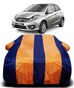 AUCTIMO Honda Brio Car Cover Waterproof with Triple Stitched Ultra Surface Body Protection (Orange Stripes)