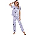 SMOWKLY Printed Round Neck Short Sleeve Nightsuit Set | Pajama Set | Casual Night Dress for Women