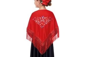 JORXG Mantón de Manila bordado de flor colores liso para mujer niña, Manton de Flamenco para el Vestido de Feria, Sevillana o Flamenca Color Negro Rojo Blanco Rosa Azul