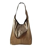  Freyday Damen Ledertasche Shopper Wildleder Handtasche Schultertasche Beuteltasche Metallic look (Messing Snake)