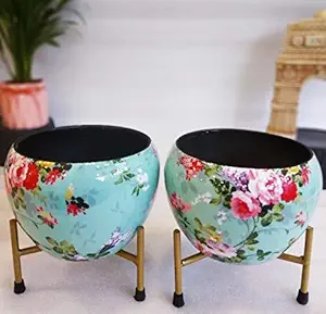Exotic Green Floral Cyan Combo Designer Pot with Stand for Indoor Plants | Beautiful Metal Planters for Living Room and Balcony | Modern Design Table Top Flower Plant Pots I (2 Pcs Combo)