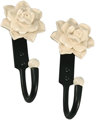 Set Of 2 Single Wall Hooks With Ceramic Rose Design