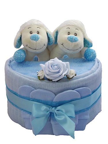 Twin Baby Lamb Blue Boys Nappy Cake Baby Gift with FREE UK Delivery