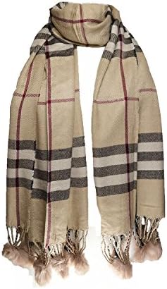 Wigwam accessories large heavy style check scarf shawl with poms beige