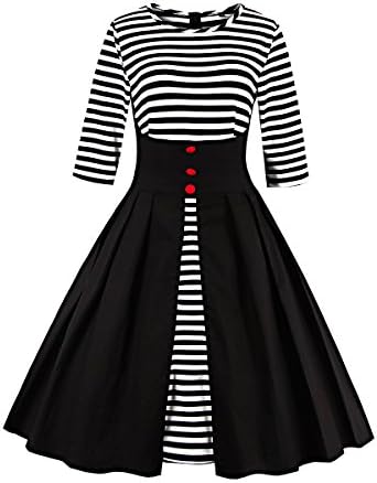 VALYRIA Women's Vintage 1950s Pleated Black and White Stripe A Line Swing Cocktail Dress