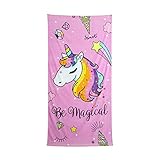 Toalla ideal para la playa y la piscina; mide 75x150 cm; dibujo de un unicornio y el arcoíris de colores