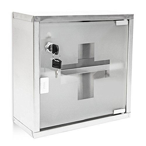 Relaxdays Medizinschrank EMERGENCY L breit aus Edelstahl und Glas H x B x T: ca. 30 x 30 x 12 cm mit abschließbarer Tür und 2 Ablagen für Medikamente und Verbandszeug Apothekerschrank fürs Bad, silber - 5