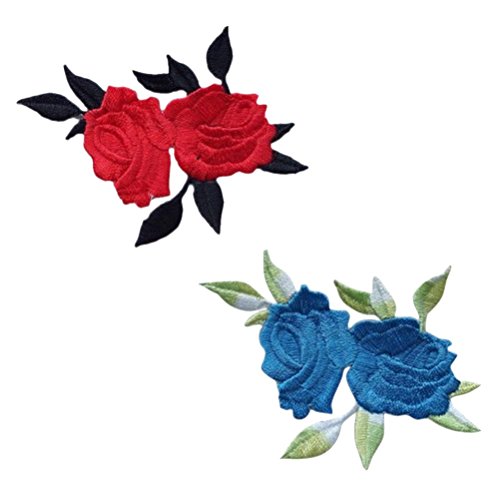 2 Stück Rose Blume Stickerei Spitze Aufnäher Aufbügler Applikation Iron on Patches Für T-Shirt Jeans Hut Dekor, Rot und Blau