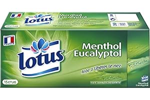 Lotus Menthol Mouchoirs en papier 15 étuis, Vert, 1 épaisseur, Pure ouate de cellulose, Léger, Eucalyptol, Lot économique de 3