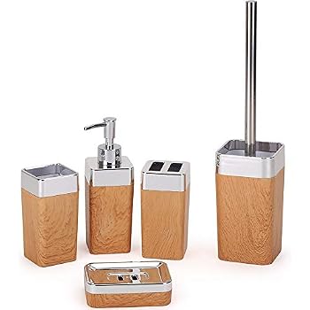 Set Salle De Bain 4 Pièces En Bambou Et Céramique - Distributeur De Savon, Porte-savon Et Gobelets - Style Naturel Et élégant