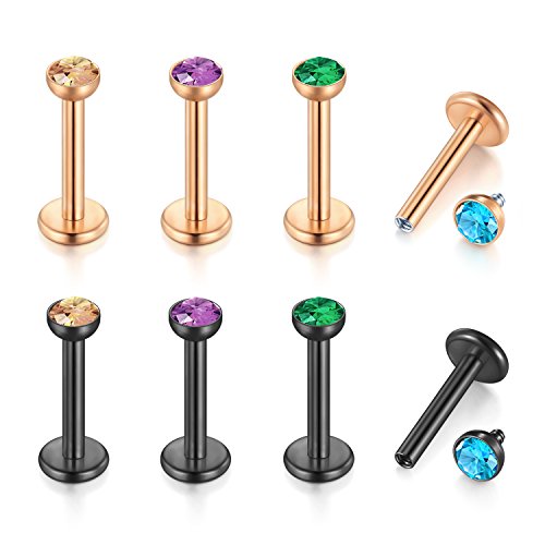 VF VFUN 16G(1.2mm) Piercing Lèvres Labret Tragus en Acier Chirurgical Anneaux Monroe, Oreille Piercing Strass Barbell Bijoux de Corps 8 Pièces