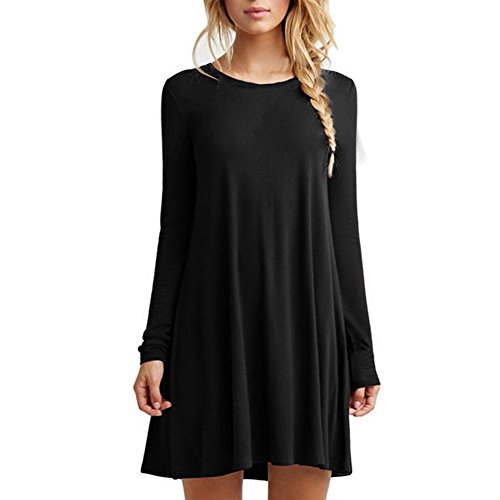 HUAYIN Vestidos Casuales Cortos Verano, Vestidos Holgados De Talla Grande Mujer Camiseta Color SóLido con Cuello Redondo (Black-Long Sleeve, XL)