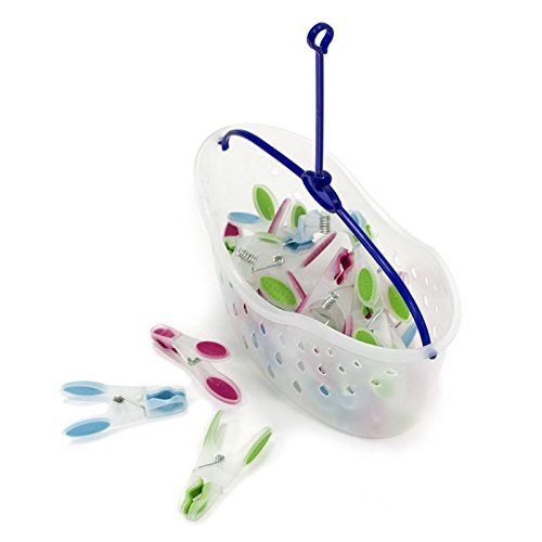 MSV Wäscheklammern Korb 24 Stck. mit Soft Grip perfekt zum Einhängen an den Wäscheständer oder die Wäscheleine