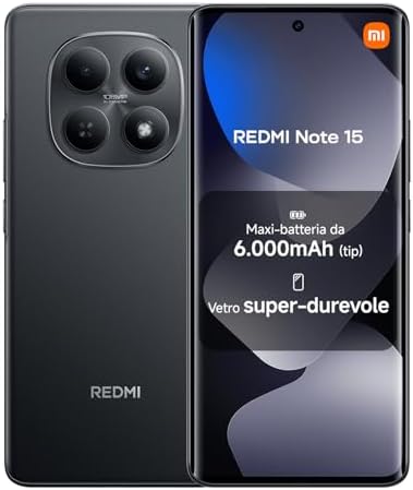 XIAOMI Redmi Note 15, Smartphone 6+128GB, Batteria da 6000 mAh, Resistenza all’acqua, Fotocamera super nitida da 108 MP, Display FHD+ da 6,77", Nero, Garanzia 2 anni, Caricatore non incluso