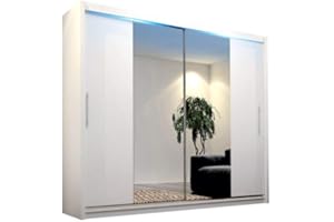 CHECO HOME AND GARDEN BIG STYLISH SLIDING WARDROBE 204cm !! BIG MIRRORS !! LED !! MANY COLOURS !! (A White, With Led)