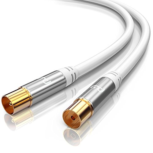 CSL-Computer 0,5m Cable de Antena HQ HDTV Premium - Factor de blindaje 135 dB - Resistencia 75 ohmios - Cable coaxial - Clavija coaxial Macho a Hembra - Carcasa metálica contactos Dorados - Blanco