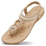  Zoerea Damen Sandalen Flach Sommerschuhe PU Leder Bohemia Flach Sandalen Zehentrenner ,Beige,37 EU(Herstellergrosse 38)