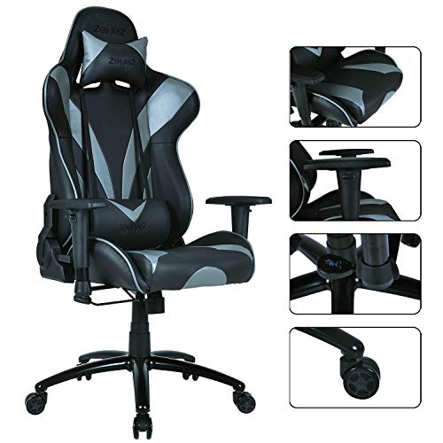 ZENEZ - Silla de Videojuegos de Piel sintética con Respaldo Alto Ajustable con reposacabezas y Soporte Lumbar para largas sesiones de Juego de computadora o Trabajo de Oficina (Negro)