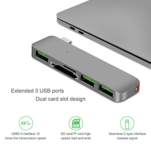5 in 1 Typ C Combo Hub, Cymall MacBook USB Hub, USB-C zum Micro USB Adapter, Daten Synchronisierung, Universal Type C Hub mit 2 Kartenlesern und 3 USB 3.0 Port Adapter für MacBook 12 Zoll, ChromeBook Pixel, Nexus 5X, Nexus 6P, alle Typ C Kabel unterstützte Gerät(Grau) - 5