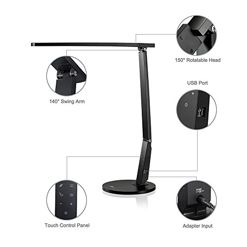 Schreibtischlampe Led TaoTronics 15W Schreibtischleuchte led Tageslichtlampe Augenschutz 4 Helligkeitsstufen Lampenarm einstellbar mit USB-Anschluss zum Aufladen von Smartphones und Tablets, Schwarz - 5