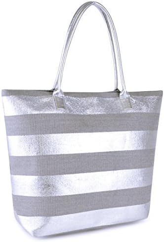 Ladies Large Metallic Bag Beach Shopping Tote Shoulder Handbag Holiday Reusable (Block Silver Metallic Stripe)