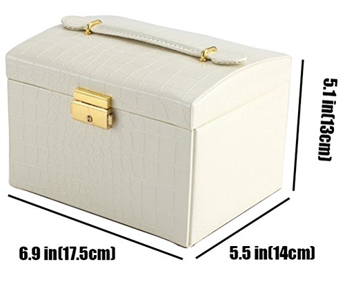 DCCN Schmuckkasten Elegant PU Leder Schmuckkoffer Schmuckschatulle Kosmetikkoffer mit 2 Schubladen Spiegel – Weiß - 4