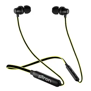 pTron Tangent Lite Bluetooth 5.0 Wireless Headphones with Hi-Fi Stereo Sound, 8Hrs Playtime, Lightweight Ergonomic Neckband, Sweat-Resistant Magnetic Earbuds, Voice Assistant & Mic - (Black & Yellow)