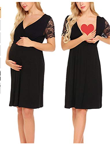 Preisvergleich Produktbild Swallowuk Damen Umstandskleid Spitzenkleid Kurzarm Schwangerschafts Kleid V-Ausschnitt Still-Nachthemd Nursing Pyjama Kleid (L, Schwarz)