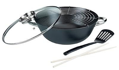 GSW 860956 Professionnel Fonte Pot Multifonction/Wok avec Couvercle en Verre 5 pièces/6,2 L, Noir, 32 cm 5 unités