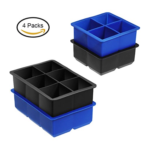 Juego de 4 Cubiteras SIKIWIND Bandejas para Hielo Silicona-6 X 1.8 '' + 4 X 1.8'' Bandeja para Hielo de Cavidad Libre de BPA para Whisky, Cócteles, Dulces y Chocolate, etc(Negro y Azul)